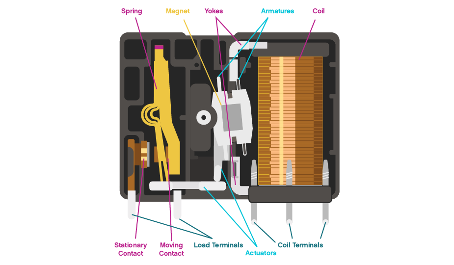 Cross-section drawing of a latching relay and its internal components