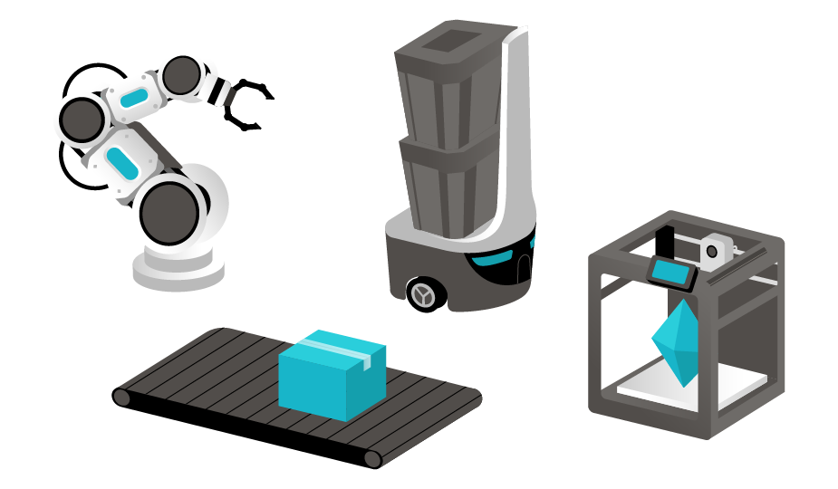 Example drawings of common industrial applications, including robotic arms, mobile robots, conveyor belts, and 3D printing
