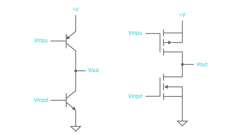 One diagram showing the position of BJT buffers reversed and the other diagram utilizing FETs as buffers